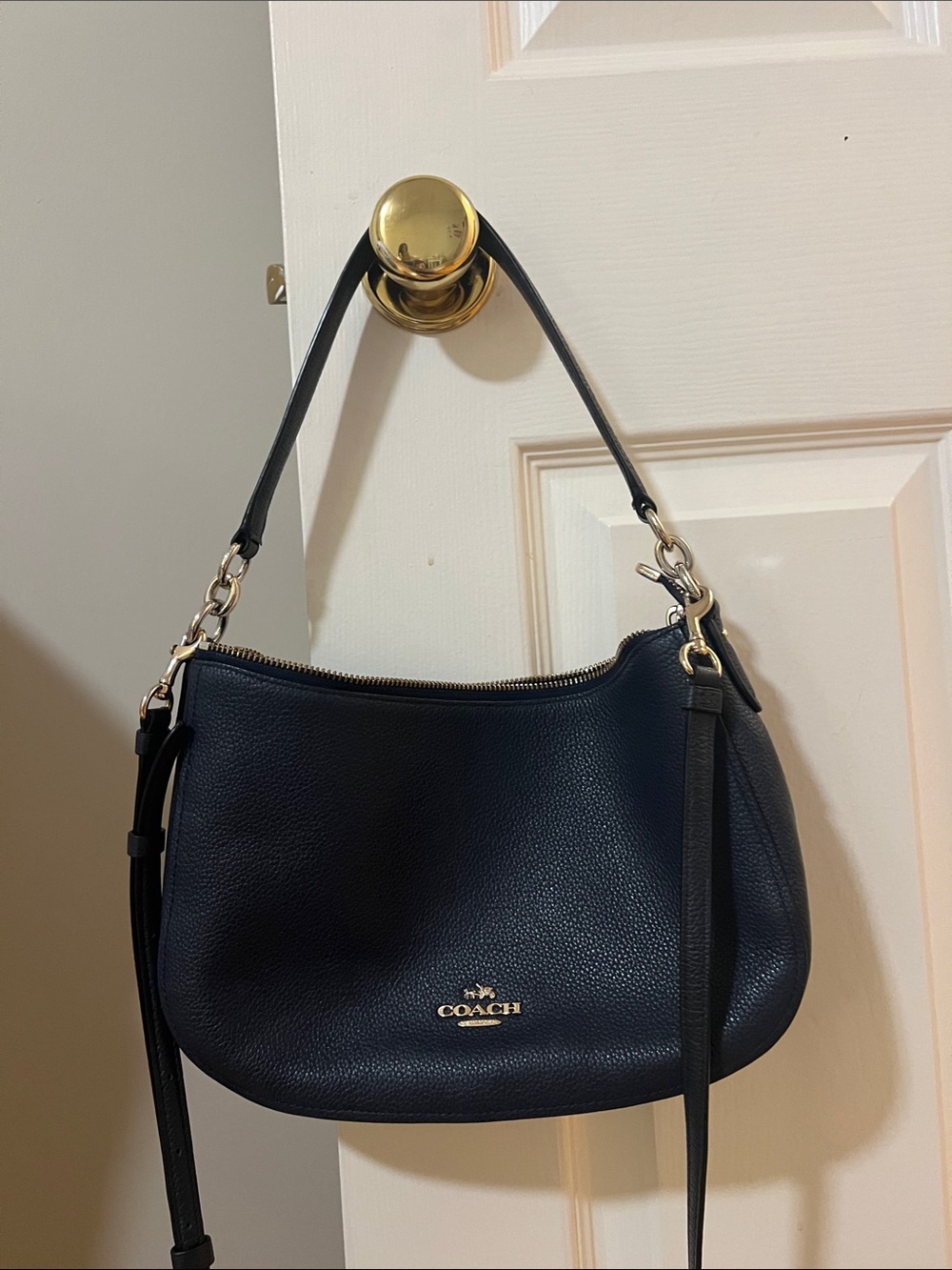 Coach Navy Chelsea Pebbled Leather Convertible Shoulder Bag with Gold Hardware